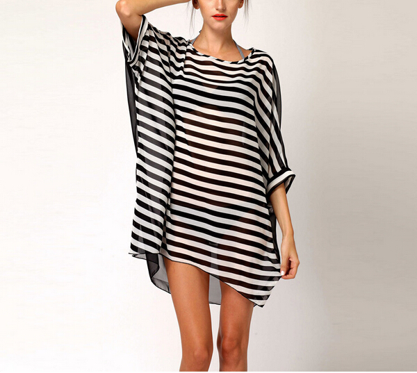 F4393Cheap Women Black Oversized White Stripes Cover-Ups Beach Dress